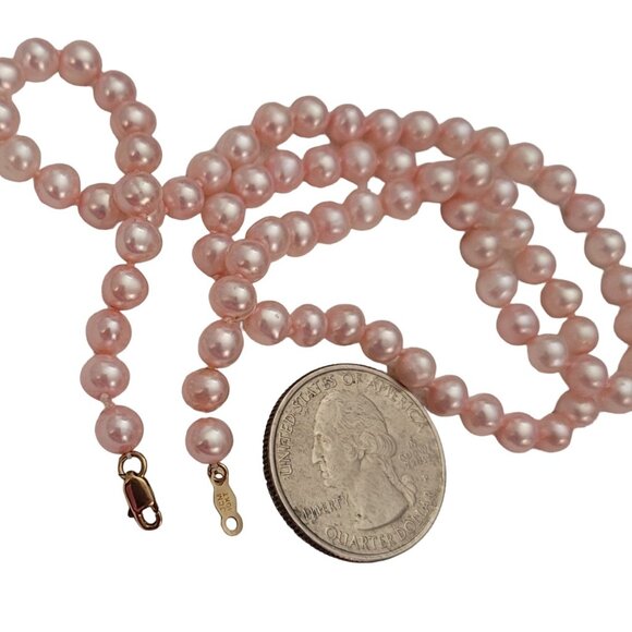 10K Yellow Gold Knotted Pink Fresh Water Pearl Necklace Strand, 18" Long E874 - Picture 5 of 7